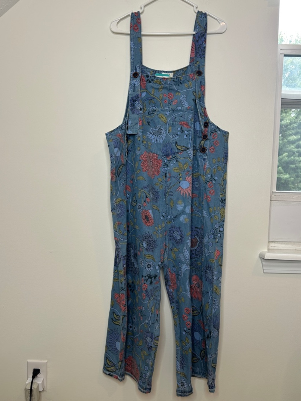 NEW Easel Oversized Floral Print Denim Overall Jumpsuit Washed Denim Size Large - Picture 5 of 11